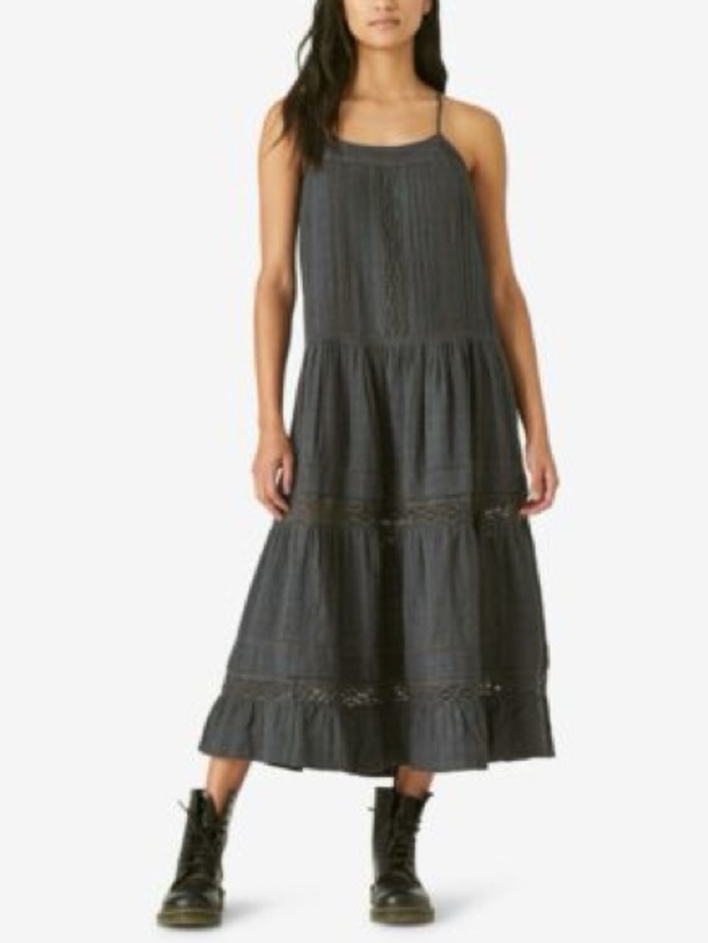 Lucky Brand | Lace Midi Dress | Charcoal Tiered Midi Dress with Spaghetti Straps